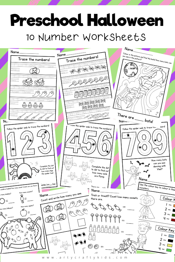 10 Preschool Halloween Number Worksheets: Children can use these independently to work on their shape formation as they trace the numbers; and practice counting as they explore all of the fun tricks, and treats, on the sheets. There's lots of coloring and dot to dots to encourage their creativity and problem-solving skills too.