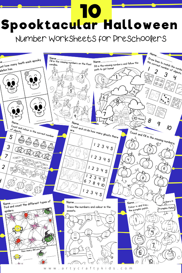 10 Spooktacular Number Worksheets for Preschoolers: The 10 different worksheets help kids to count and generally to become more comfortable with numbers, so when it's time to move on to sums or bigger numbers, they don't feel scared or overwhelmed.