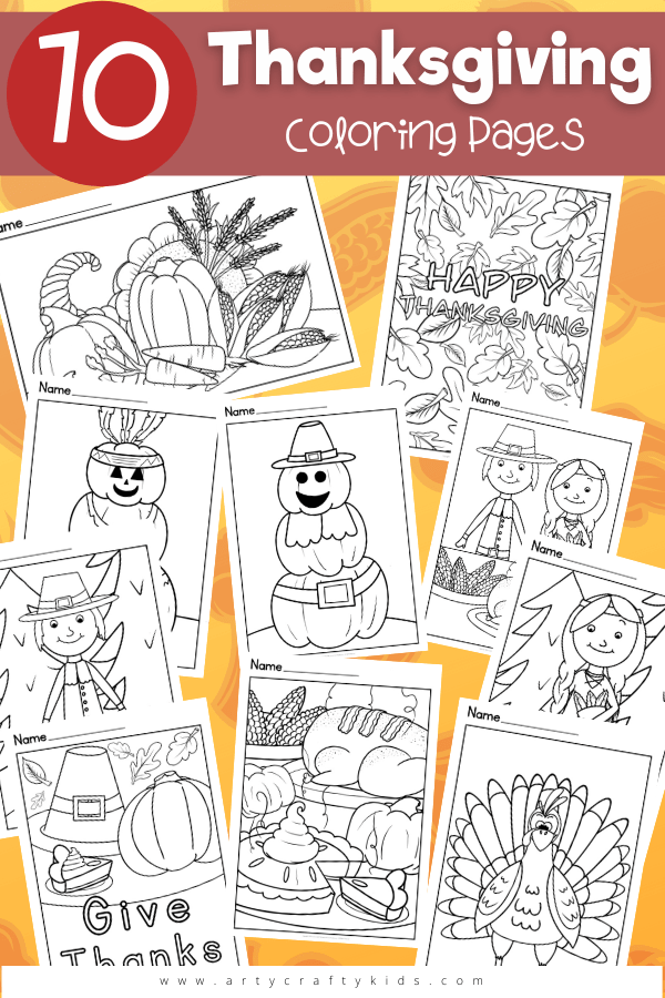10 beautifully designed Thanksgiving Coloring Pages for Kids; Perfect for brightening up a classroom display, encouraging children to give thanks, supporting a thanksgiving history project.