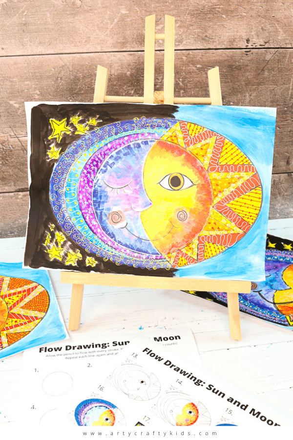 Sun and Moon Art: Kids and beginners will learn how to create beautiful Sun and Moon Art with our easy 'how to draw' technique, flow drawing. Kids are encouraged to use simple lines and shapes to form their sun and moon, composing a beautiful piece of sun and moon art that's really easy to create.