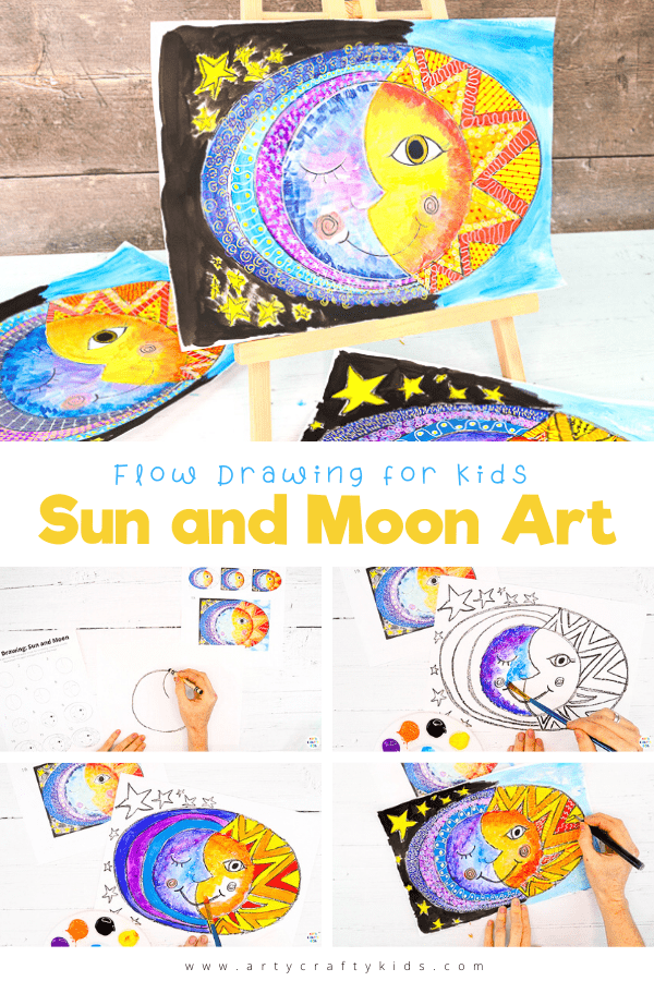 Sun and Moon Art: Kids and beginners will learn how to create beautiful Sun and Moon Art with our easy 'how to draw' technique, flow drawing. Kids are encouraged to use simple lines and shapes to form their sun and moon, composing a beautiful piece of sun and moon art that's really easy to create.