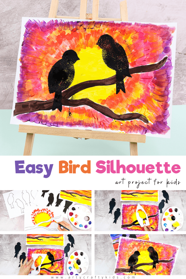 Explore natures daily wonder with this beautiful and easy bird silhouette art project for kids - Children are encouraged to pay attention to how the sunset's colors change, and to play with the paint as they blend the colors together and create depth and pattern in the sky.