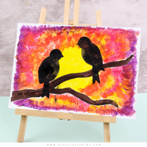 Explore natures daily wonder with this beautiful and easy bird silhouette art project for kid - Children are encouraged to pay attention to how the sunset's colors change, and to play with the paint as they blend the colors together and create depth and pattern in the sky.