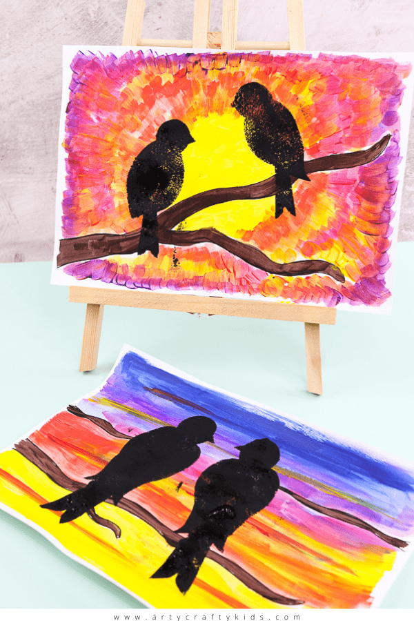 Explore natures daily wonder with this beautiful and easy bird silhouette art project for kid - Children are encouraged to pay attention to how the sunset's colors change, and to play with the paint as they blend the colors together and create depth and pattern in the sky.