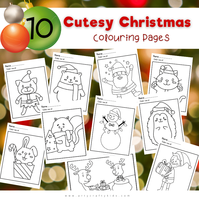 Free to download and print: 20 Cutesy Christmas Coloring Pages for Kids, featuring adorable Santa, Rudolph and a variety of Christmas animals.