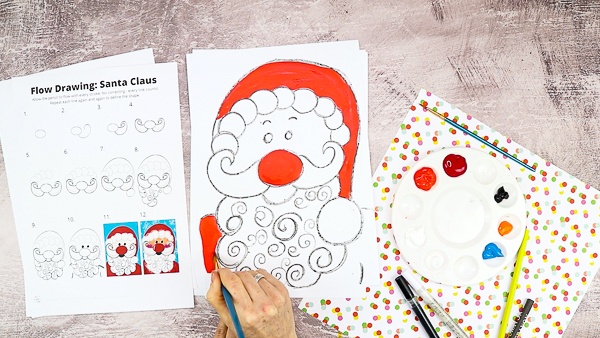 Let's start painting! Add the bold colors first - red for Santa's hat and coat. Blue for the background.