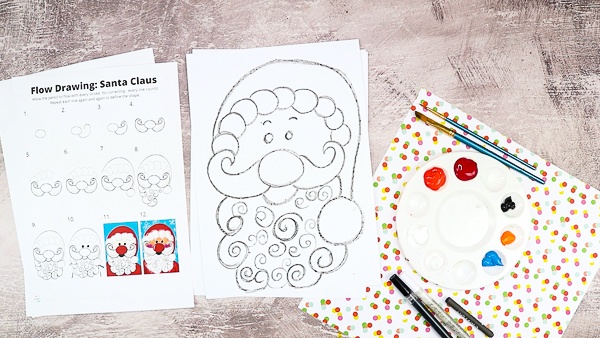 Complete the How to Draw Santa Claus by adding facial features - eyes, eyebrows and cheeks!