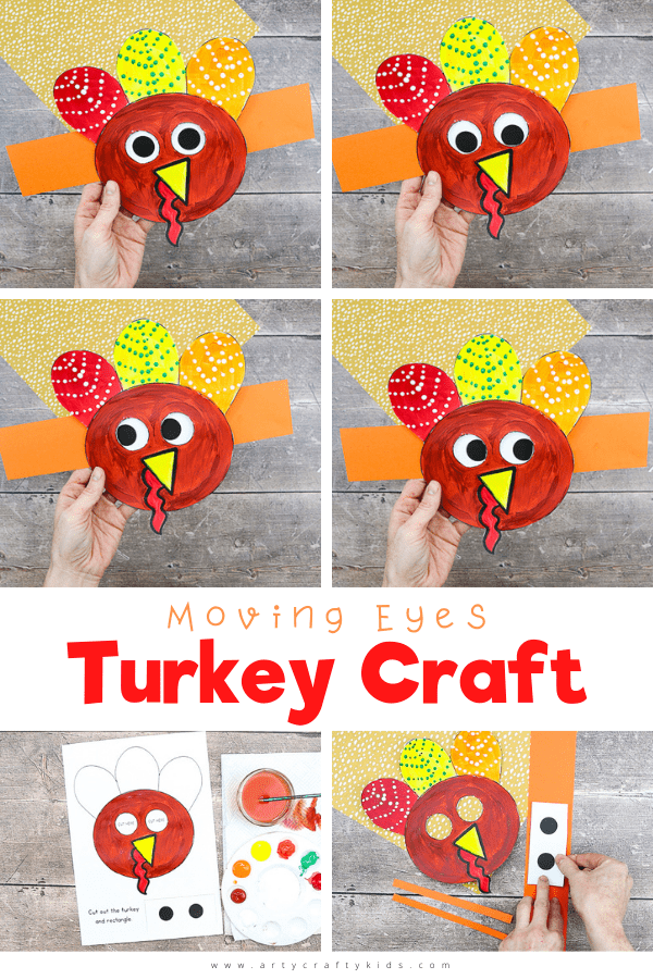 Get your Thanksgiving craft on with this adorable Moving Eyes Turkey Craft for kids! 

Children can practice their fine motor skills with cutting and sticking, and use their imaginations to explore color and texture with paints. And as the finished craft is so tactile and interactive, kids will have a great time playing with their creation afterwards, too.