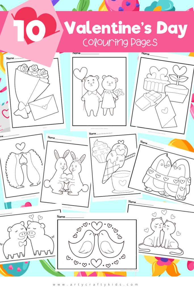 10 Valentine’s Day Colouring Pages, perfect for keeping children busy on the loveliest day of the year. Colour cuddly friends, sweet treats and hearts galore! 