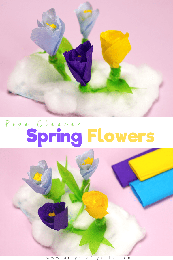 Pipe Cleaner Spring Flower Craft: This lovely pipe cleaner spring flowers craft is fun and super easy! Ideal for pre-schoolers and school early years, it's really tactile with the crispy crepe paper and the bendy, fuzzy pipe cleaners.