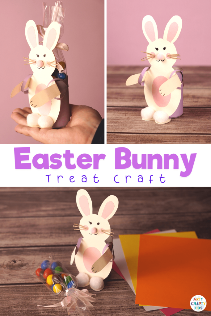 Easter Bunny Treat Craft: A cute and fun Easter craft for kids to make! Transform a paper roll into a cute back pack that delivers Easter treats. Can be made with or without our Easter Bunny template.