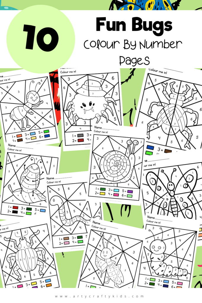 10 Fun Bugs Colour By Number Pages: These Colour By Number Pages are a great way to spend a lovely Spring afternoon! They feature snails, beetles, spiders, ladybugs and more, who all need some bright and bold colors added to them.
Color by Numbers pages are particularly good for preschoolers and school early years, as they’re perfect for reinforcing color recognition and number identification in a fun and engaging way.