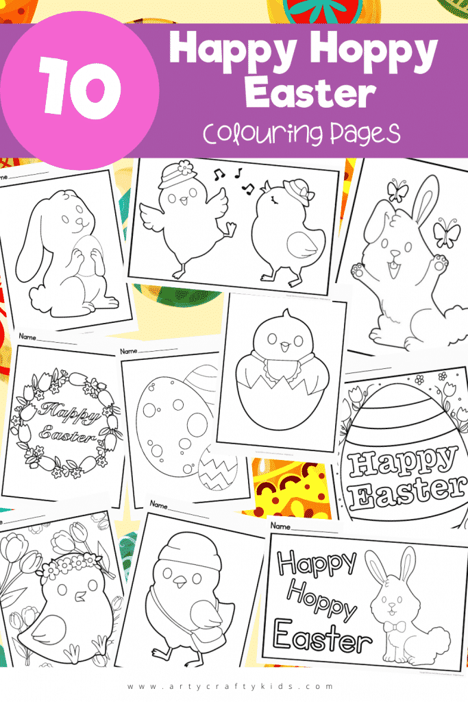 A collection of 10 fun and engaging Happy Hoppy Easter Colouring Pages for Kids. Choose from a selection of bunnies, chicks, Easter eggs and more!