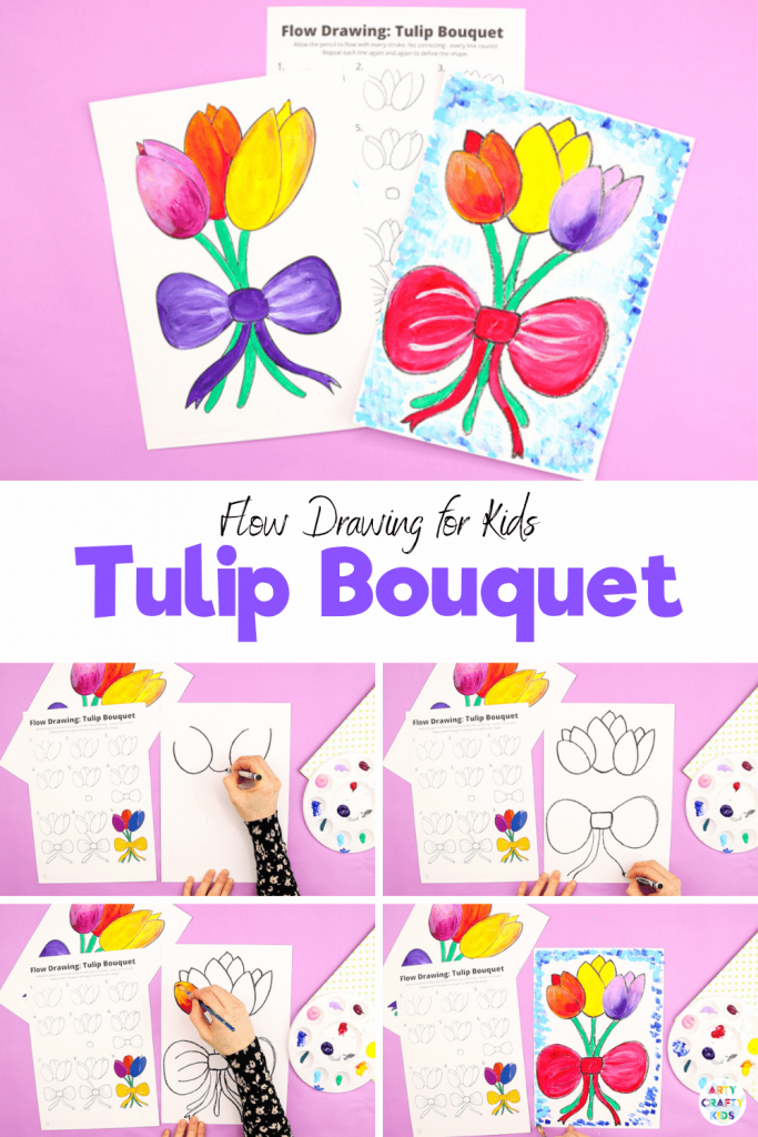 How to Draw a Tulip Bouquet: Learn how to draw a tulip with our easy to follow step-by-step guide. We encourage children to use simple shapes and lines to build their flower, often repeating lines for greater definition. Our tulip drawing guide uses a flow drawing technique that aims to engage children in natural and rhythmical strokes.