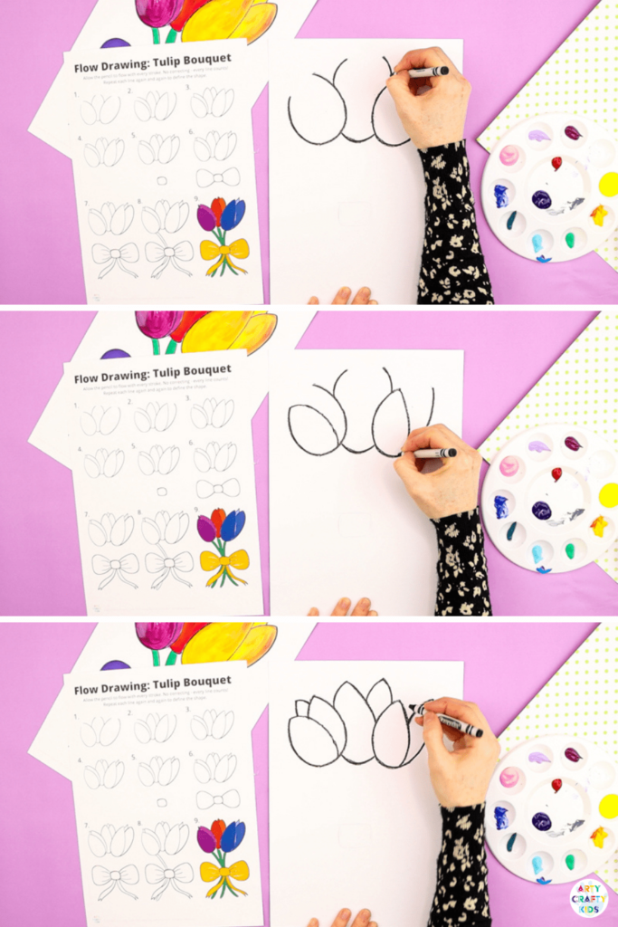 How to Draw a Tulip Bouquet: Learn how to draw a tulip with our easy to follow step-by-step guide. We encourage children to use simple shapes and lines to build their flower, often repeating lines for greater definition. Our tulip drawing guide uses a flow drawing technique that aims to engage children in natural and rhythmical strokes.