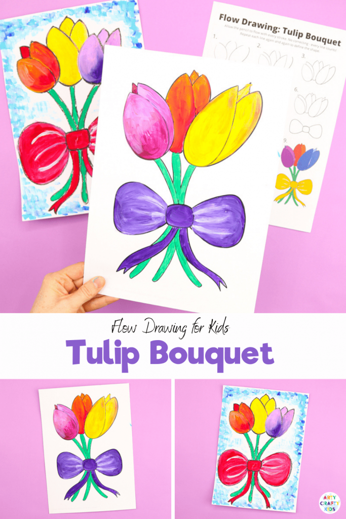 How to Draw a Tulip Bouquet: Learn how to draw a tulip with our easy to follow step-by-step guide. We encourage children to use simple shapes and lines to build their flower, often repeating lines for greater definition. Our tulip drawing guide uses a flow drawing technique that aims to engage children in natural and rhythmical strokes.