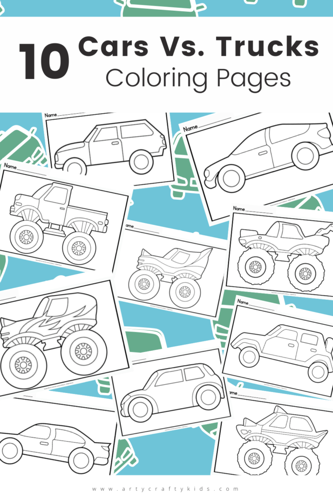 Free printable Cars Vs. Monster Trucks Coloring Pages for Kids. Simply designed, kids will love coloring these fun Car and Monster Coloring Pages.