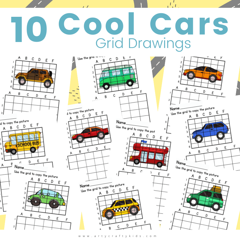 10 cool cars grid drawings arty crafty kids