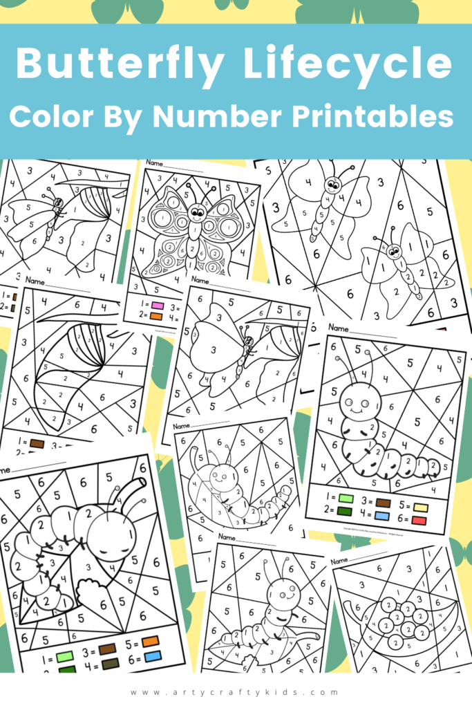 Butterfly Life Cycle Color By Number Sheets: These playful color by number pages show all the stages of the butterfly life cycle, allowing children to engage in active learning as they progress through the coloring sheets, ordering and discussing the butterfly life cycle as they color.