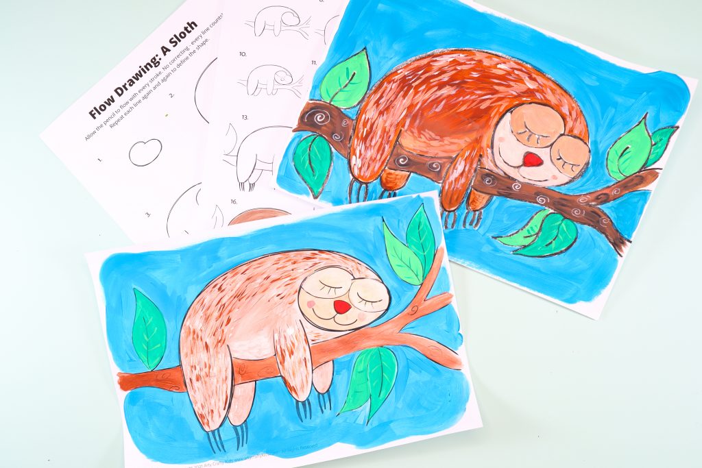 Easy step-by-step How to Draw a Sloth tutorial for kids. Using simple lines and shapes, children will learn how to draw a cute sloth in just a few simple steps.