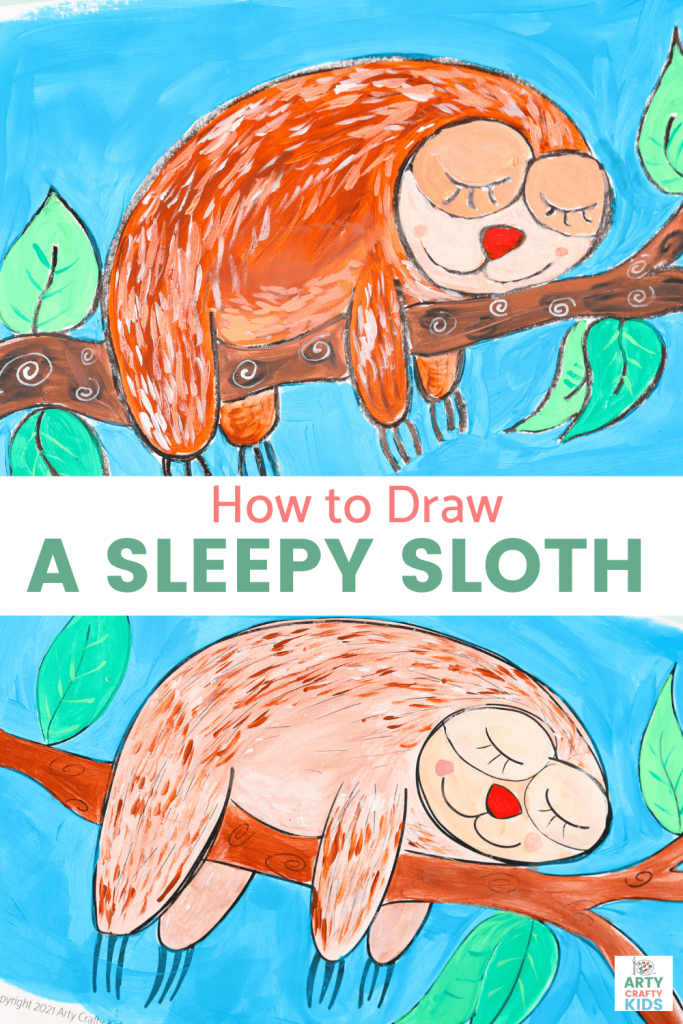 Easy step-by-step How to Draw a Sloth tutorial for kids. Using simple lines and shapes, children will learn how to draw a cute sloth in just a few simple steps.
