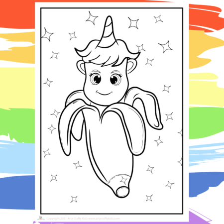 Banana Unicorn Coloring Page - part of a collection of 40 Unicorn Coloring Sheets.