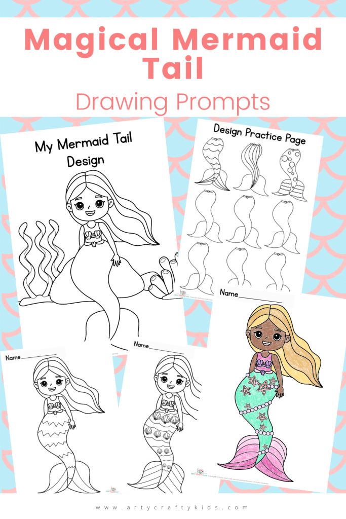 Magical Mermaid Tail Drawing Prompts: This printable pack includes Mermaid Coloring Pages, Design Prompt and Practice Sheet!