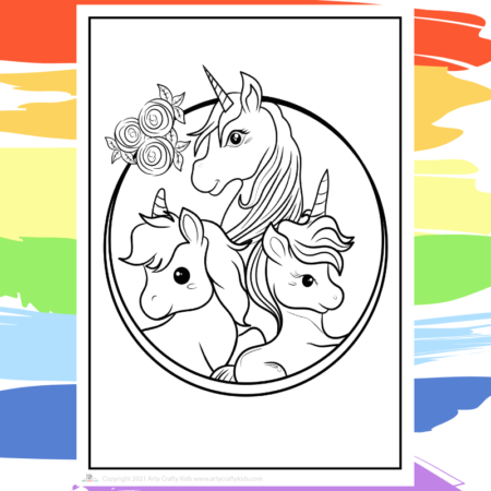 Unicorn Family Coloring Page - part of a collection of 40 Unicorn Coloring Sheets.