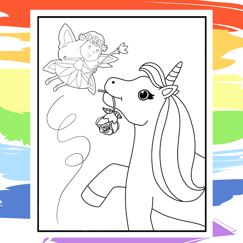 Unicorn and Fairy Coloring Page - part of a collection of 40 Unicorn Coloring Sheets.