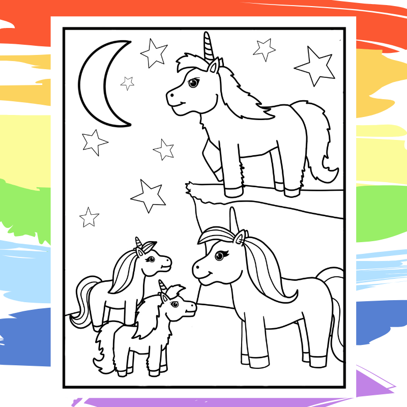 Family of Unicorns Under the Moon Coloring Page - part of a collection of 40 Unicorn Coloring Sheets.