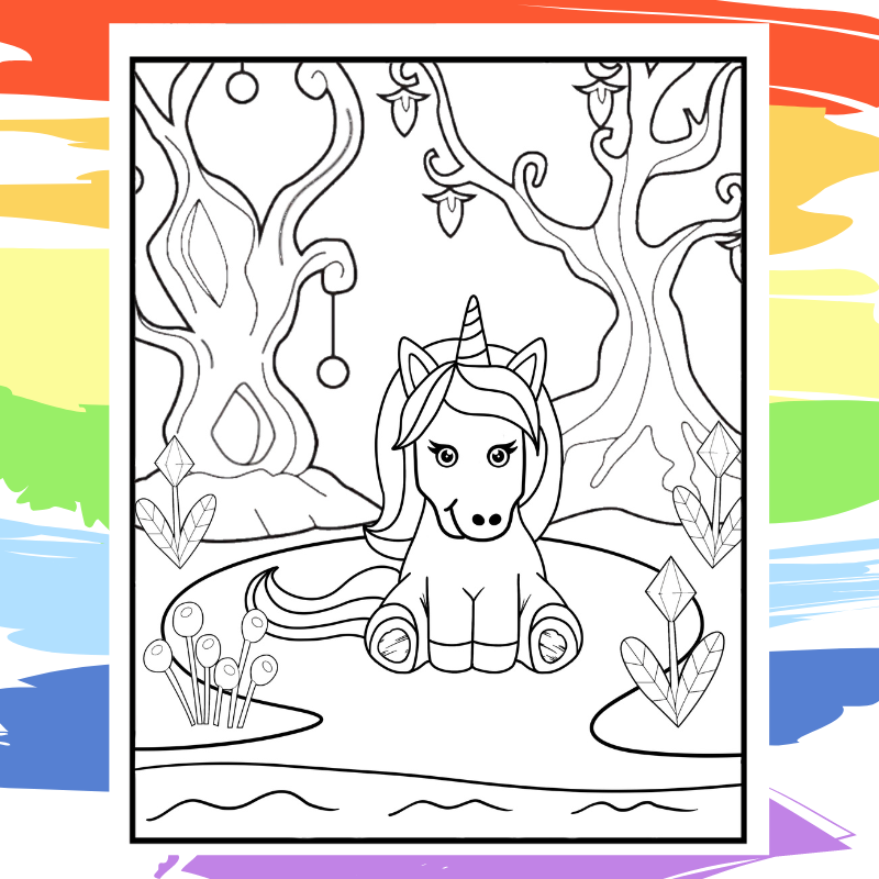 Infant Unicorn in Magical Forest Coloring Page - part of a collection of 40 Unicorn Coloring Sheets.