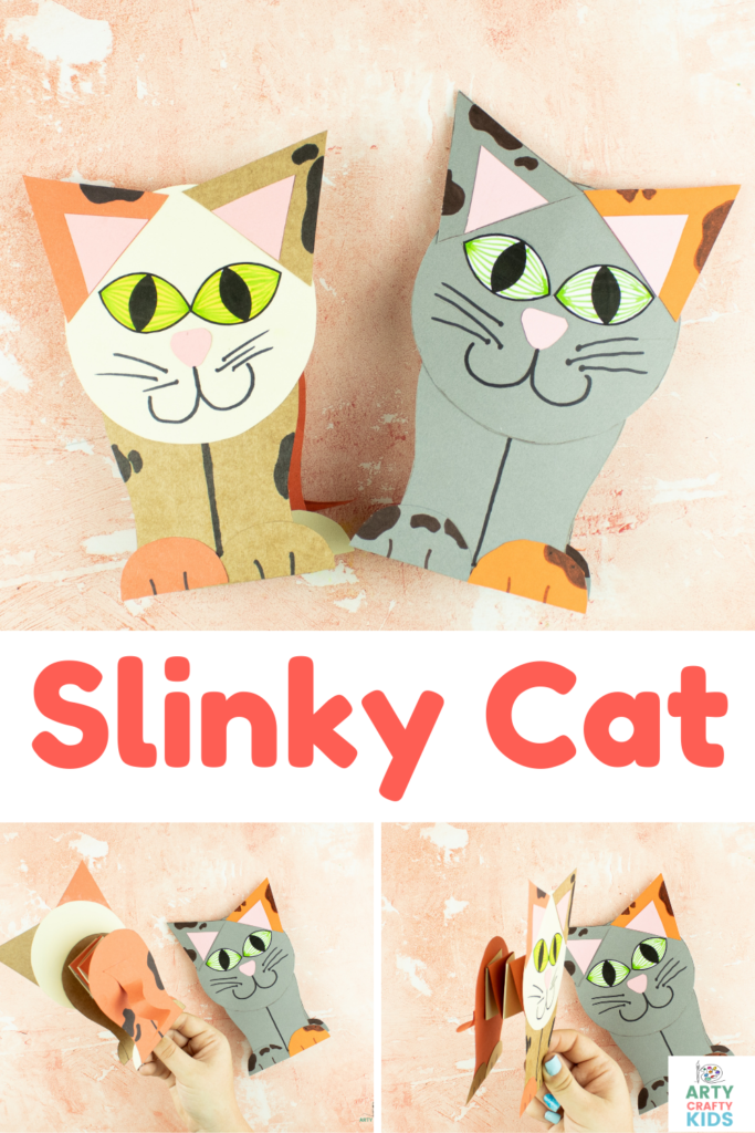 Our playful Slinky Cat Craft is so easy and fun to make, with the cat template giving children the option to create their own feline design in colors and patterns of their choosing. Using very simple and easy to cut out shapes, the slinky cat craft encourages children to craft and create independently. This cat craft is especially good for preschoolers who beginning to hone their fine motor skills.