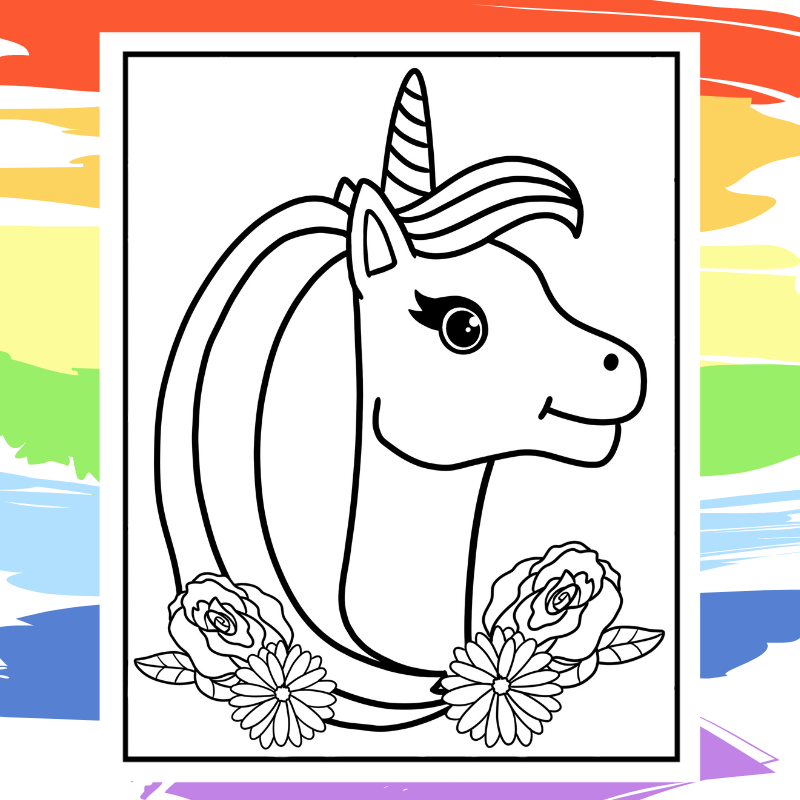 Flowery Maned Unicorn Coloring Page  - part of a collection of 40 Unicorn Coloring Sheets.