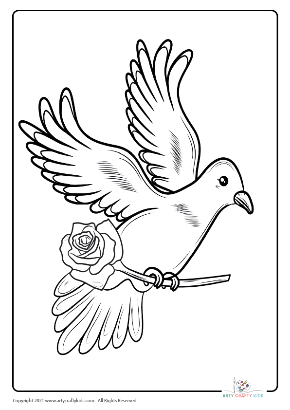 A flying dove coloring page. This bird coloring page features a dove carrying a rose.