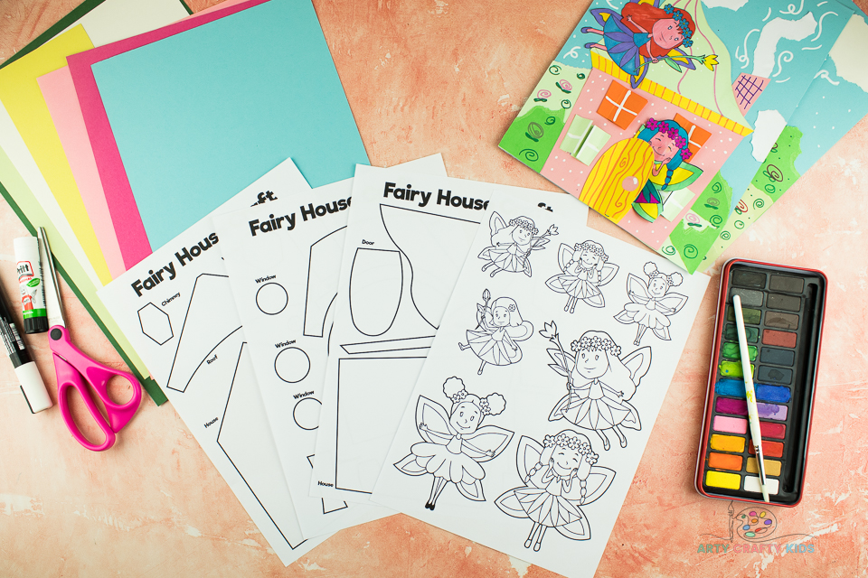 Image showing all materials and templates for the Fairy House Craft.