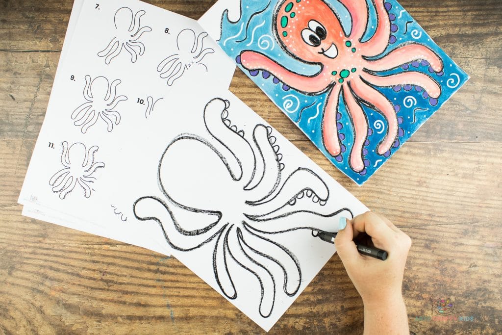 Image showing five semi circles being drawn on the underneath of each tentacle, on the right side of the Octopus.