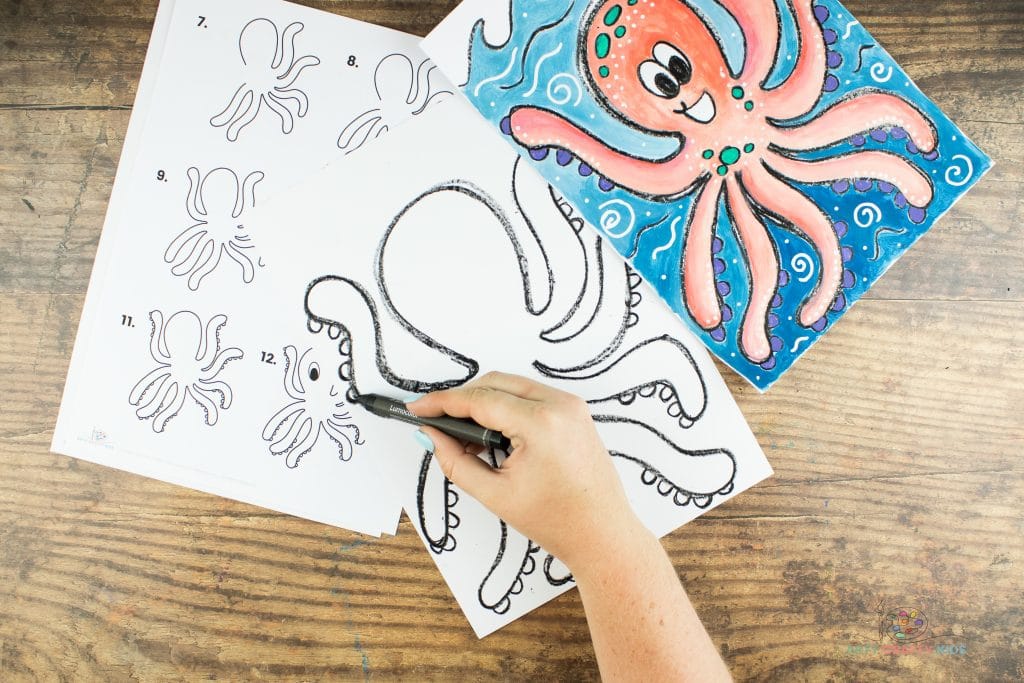 Image showing the semi circle suckers being drawn on the Octopus' tentacles on the left side.