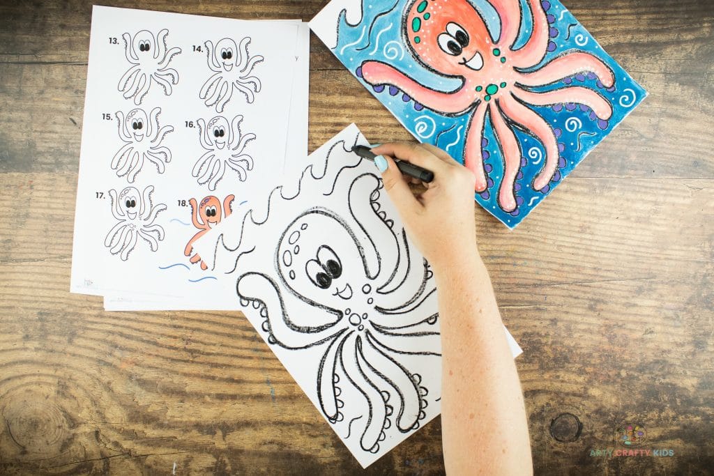 Image showing flowing waves being drawn at the top of the page to add an Under the Sea Background behind the Octopus.