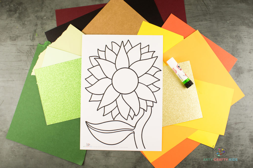 Image showing the printable sunflower template, and lots of different colored card.