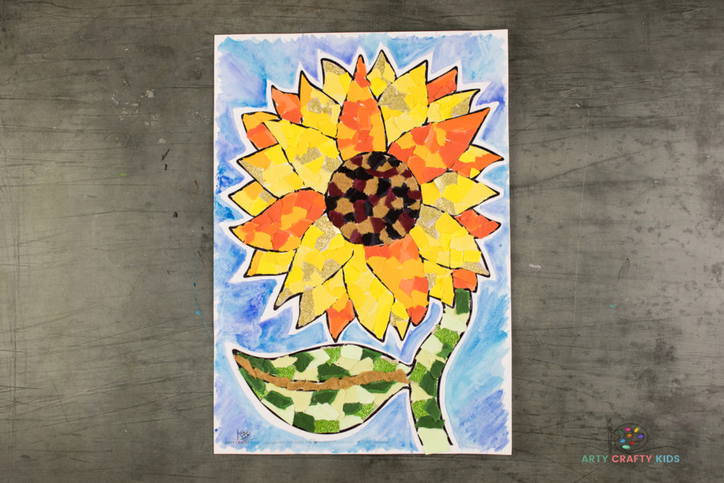 Make beautiful sunflower with torn paper and our printable sunflower template. This easy Paper Sunflower Collage Art idea is the perfect art project for kids both big and small.