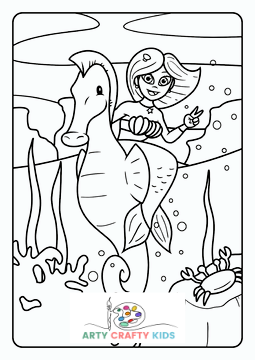 Mermaid Riding a Seahorse Coloring Page