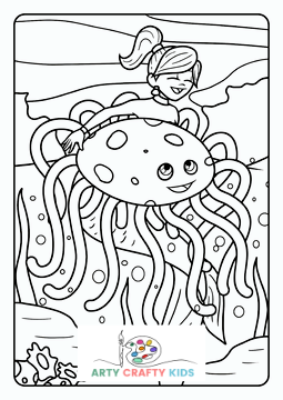 Mermaid and Large Jellyfish Coloring Page