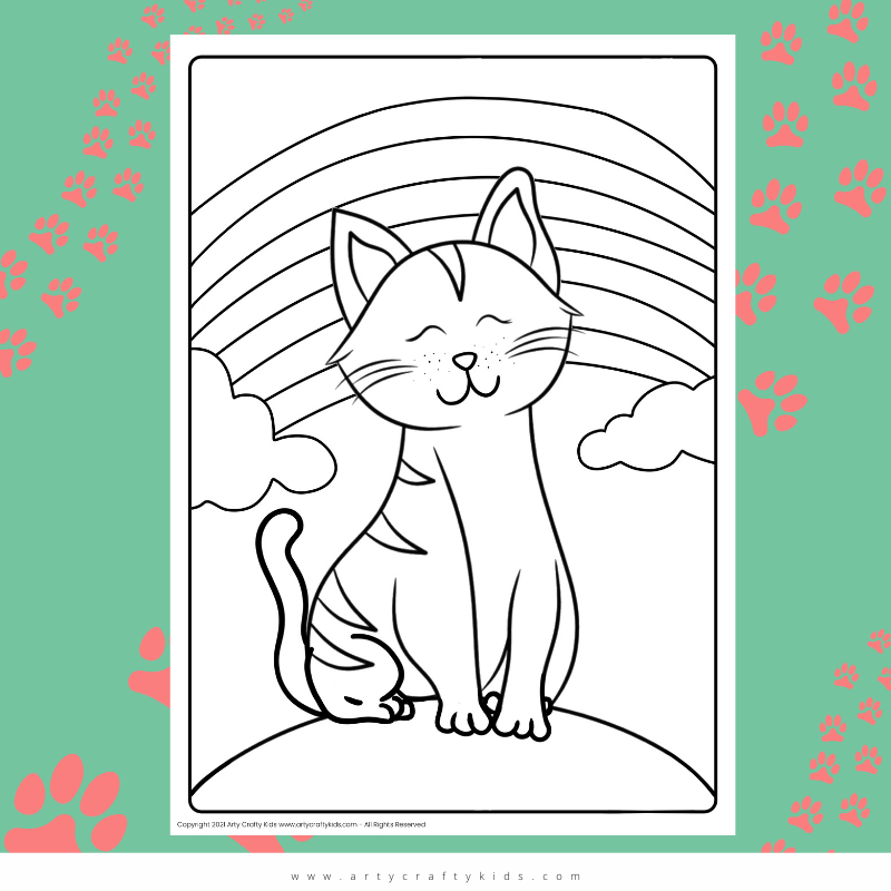 Cat under a Rainbow Coloring Page