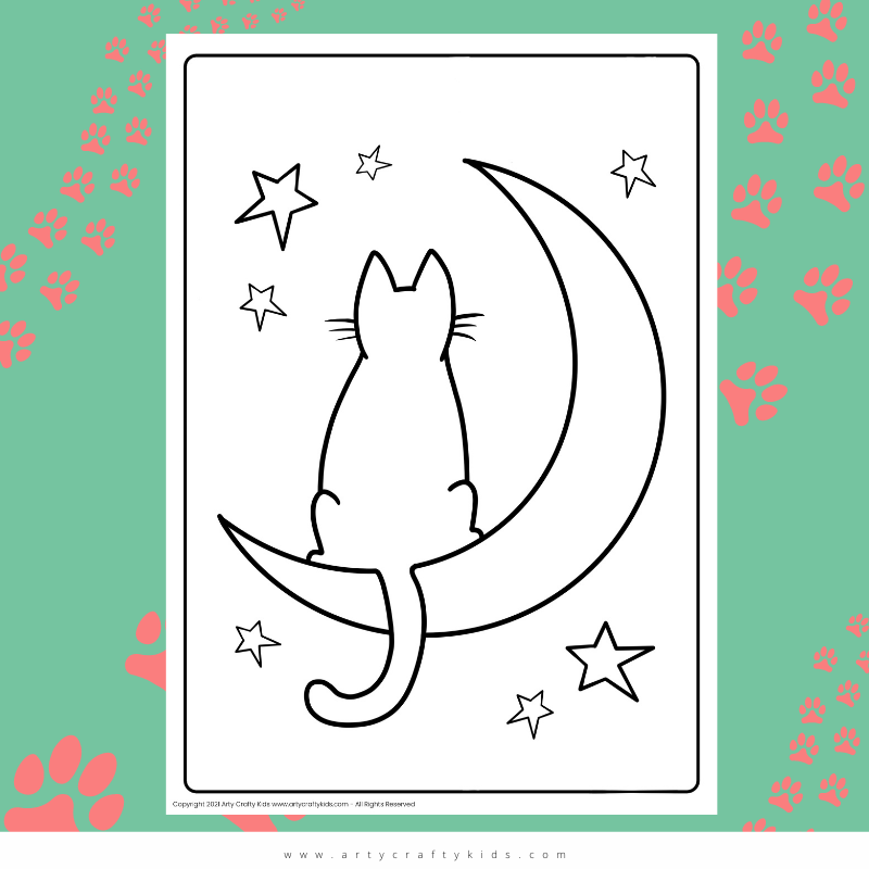 Cat with the Moon and Stars Coloring Page