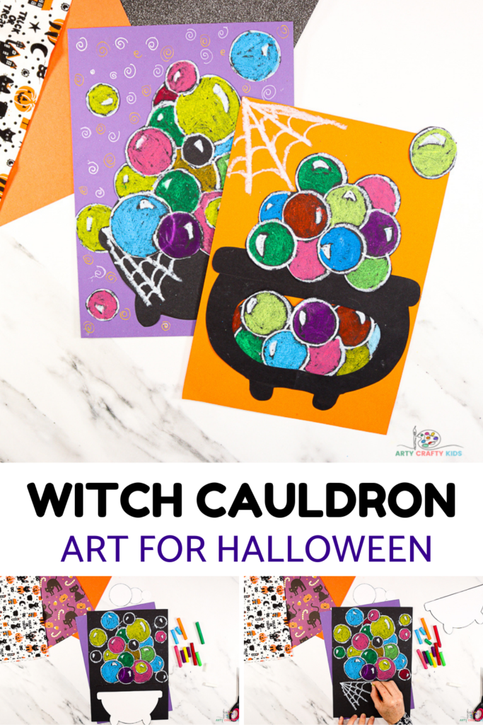 "Double, double toil and trouble; fire burn and the cauldron bubble" - Have lots of hocus pocus arty crafty fun with our Witch Cauldron Art for Halloween. Perfect for kids of all ages, children will love playing with shape and color to create their magical and extremely colorful Halloween art! 

Our latest Halloween craft uses just a few materials you're likely to already have in the arts and crafts supplies box, and while it's low key on materials, the use of color contrast transforms a simple concept into a high impact art idea for kids!