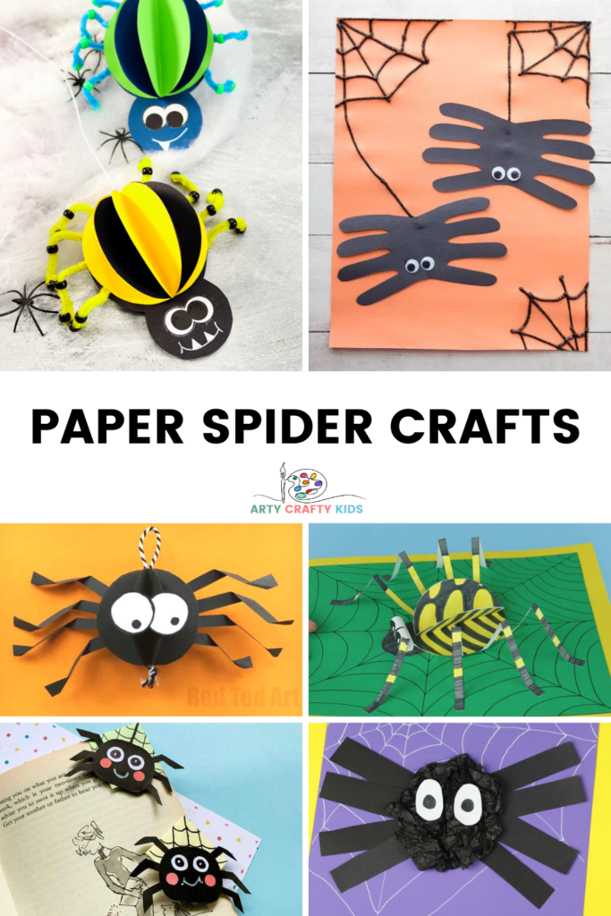 A collection of easy spider crafts for kids to make featuring: Easy Spider Crafts for Kids, Paper Spider Crafts, Spider Web Art and Crafts, and Spider Crafts for Preschoolers.