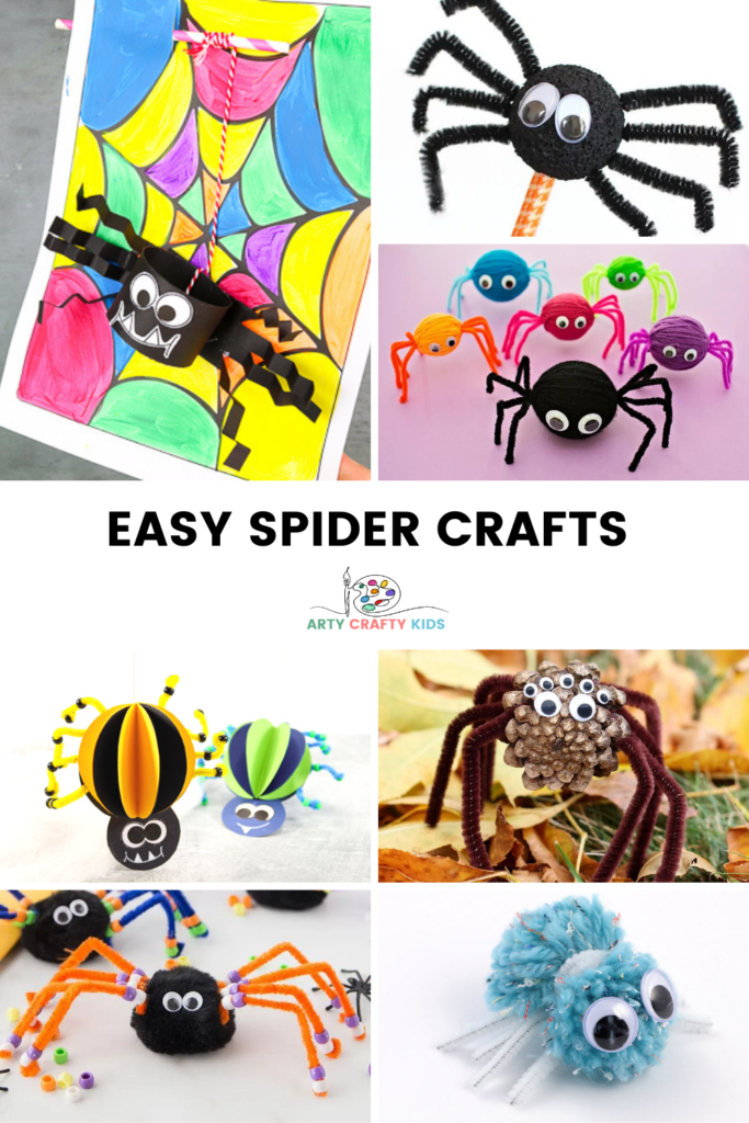 A collection of easy spider crafts for kids to make featuring: Easy Spider Crafts for Kids, Paper Spider Crafts, Spider Web Art and Crafts, and Spider Crafts for Preschoolers.