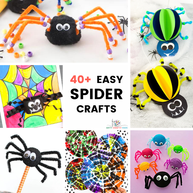 A collection of easy spider crafts for kids to make featuring: Easy Spider Crafts for Kids, Paper Spider Crafts, Spider Web Art and Crafts, and Spider Crafts for Preschoolers.