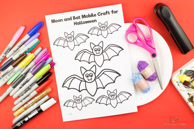 Printable bat template for kids to color to complete the moon and bat craft.