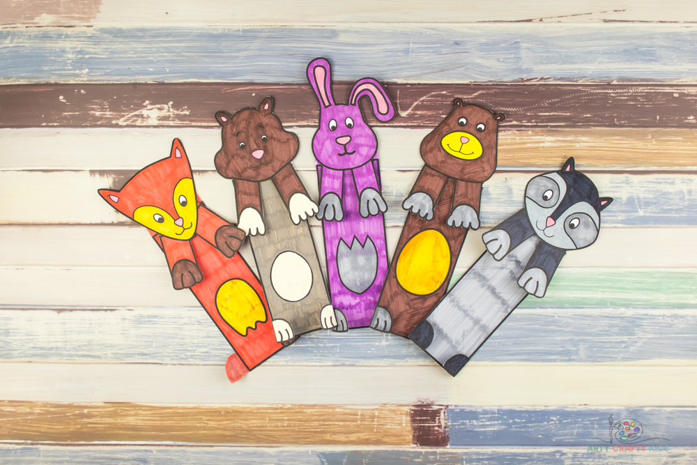 Image shows all five complete Printable Woodland Animal Bookmarks, fox, squirrel, bunny, bear and racoon.